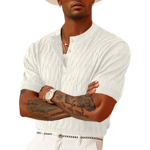 Men's White Knit Polo Shirts Short Sleeve Texture Henley Lightweight - Picture 1 of 5